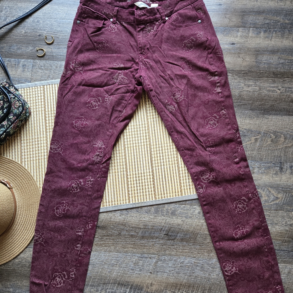 Burgundy Skinny Jeans with Floral Design